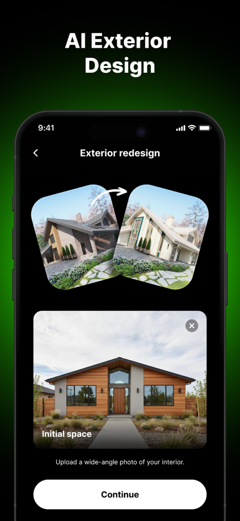 AI Home Planner – Design App - Interfaz de aplicación móvil para Diseño Exterior IA mostrando una casa antes y después de la renovación y una herramienta de carga de fotos para rediseño de fachada.