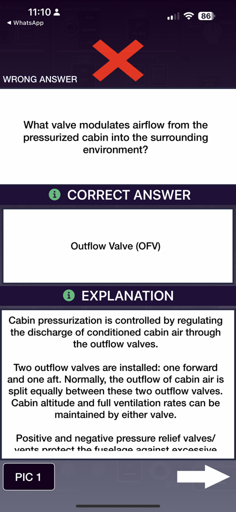 Screenshot of the Boeing 787 Training Guide PRO app showing a quiz question about cabin pressurization with its correct answer and detailed explanation.