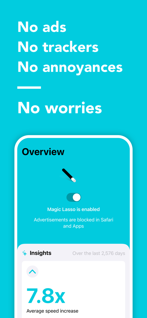 Ad blocker by Magic Lasso - Interface do aplicativo Magic Lasso mostrando o bloqueio de anúncios ativado e informações sobre o aumento de velocidade de 7.8x