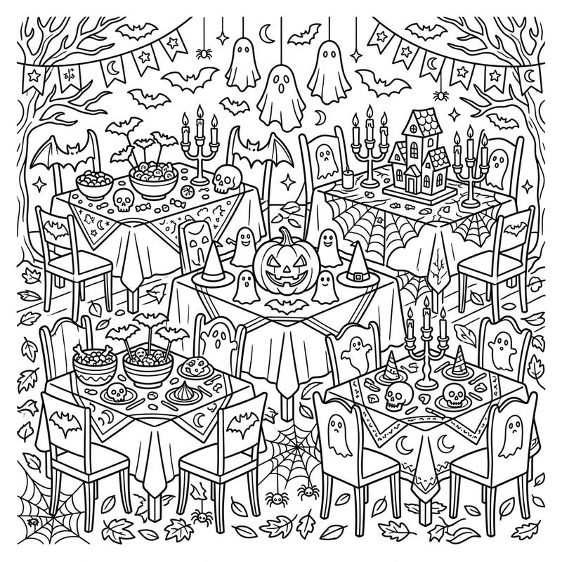 Prepare for a ghoulishly good time with this Halloween dining tables coloring page, filled with festive decorations. Bring to life a vibrant scene of pumpkins, ghosts, and haunted houses ready for a spooky feast.