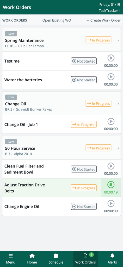 ASB Employee - Work orders dashboard in the ASB Employee app showing maintenance tasks and status for facility equipment