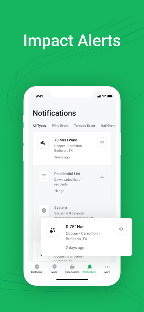 Hail Trace - Hail Trace mobile app screen showing severe weather impact alerts for hail and wind events