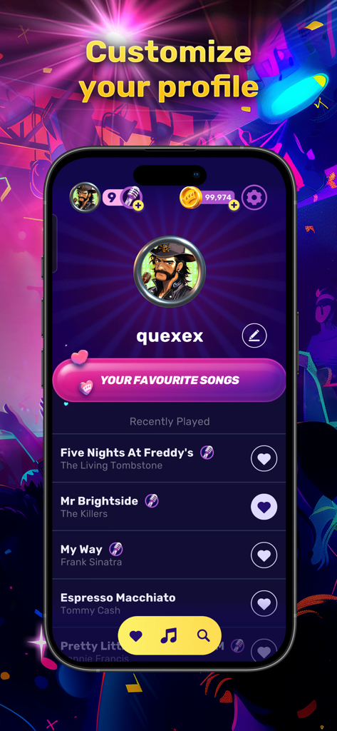 Sing King app user profile showing avatar and favorite songs list
