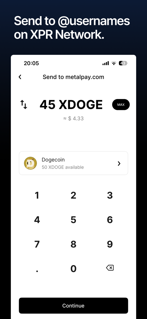 WebAuth wallet interface for sending crypto to a username on the XPR Network