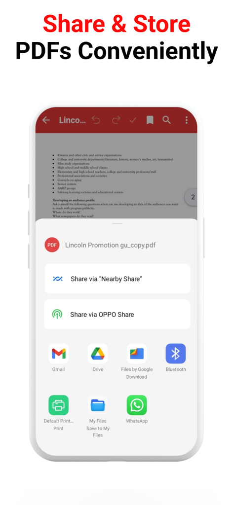 PDF Reader, Editor & Scanner + - A mobile app screen showing options to share and store PDF documents via Gmail Drive Bluetooth and WhatsApp