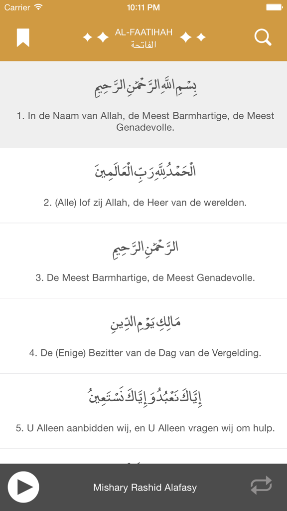 De Koran - Interface of De Koran app showing Arabic verses with Dutch translation and an audio player for recitation.