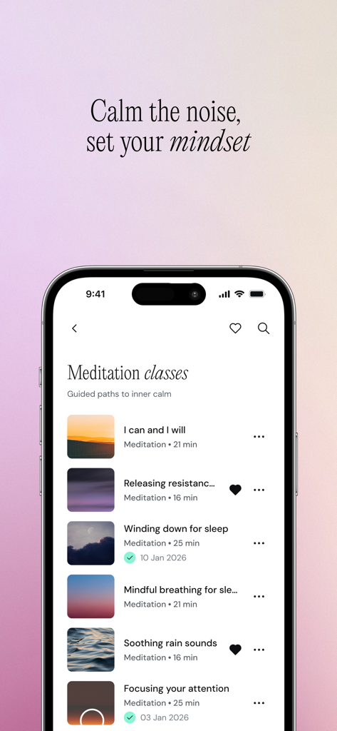 A list of guided meditation classes on the KIC Wellness app focusing on mindset and calm.