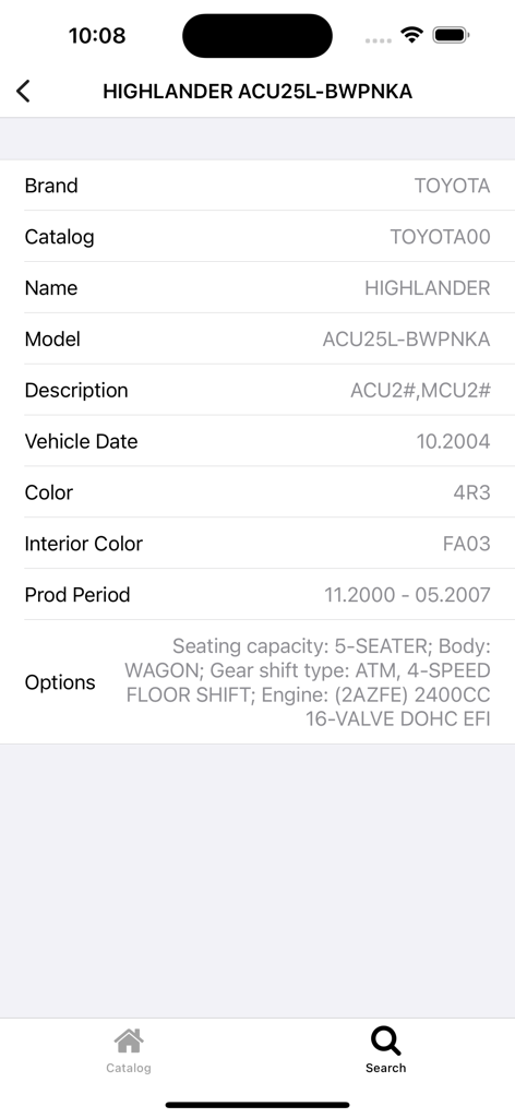 Car parts for Toyota - Technical details and car information for a Toyota Highlander including model code, engine type, and production dates in the app