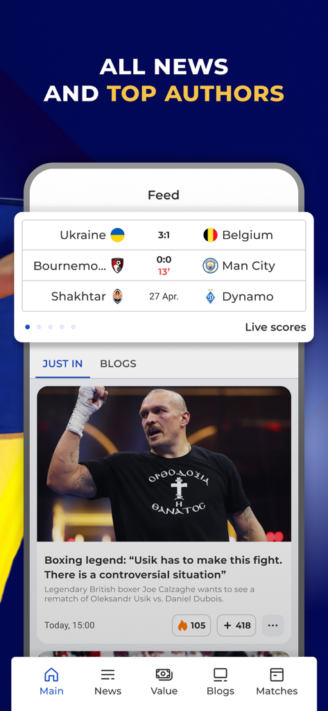 Tribuna.com app interface showing a news feed with live football scores and an article about boxer Oleksandr Usyk.