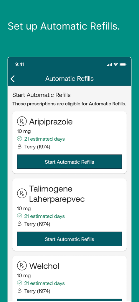 L'interface de l'application Express Scripts pour démarrer les renouvellements automatiques d'ordonnances.