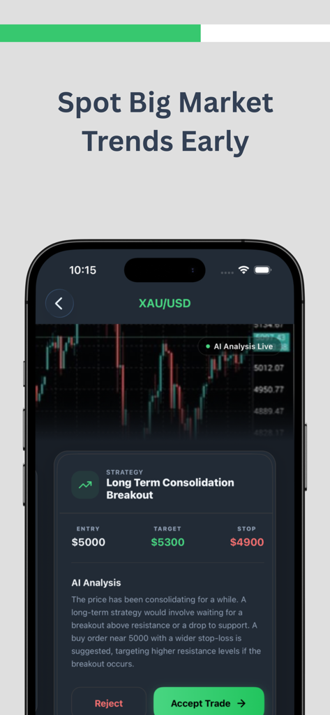 Snap Forex: AI Trade Analyst - Snap Forex app screenshot showing AI analysis for gold market trends with trade entry and target price points