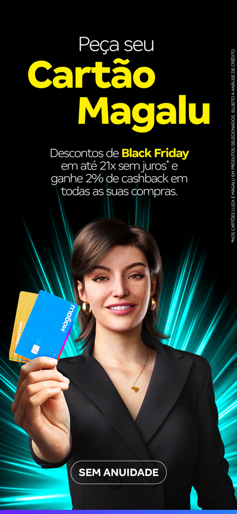 Magalu: compras com descontos - Lu from Magalu presenting the Magalu credit card with Black Friday deals and cashback benefits