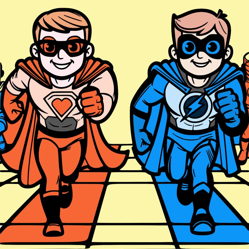 2 superhero men at a race