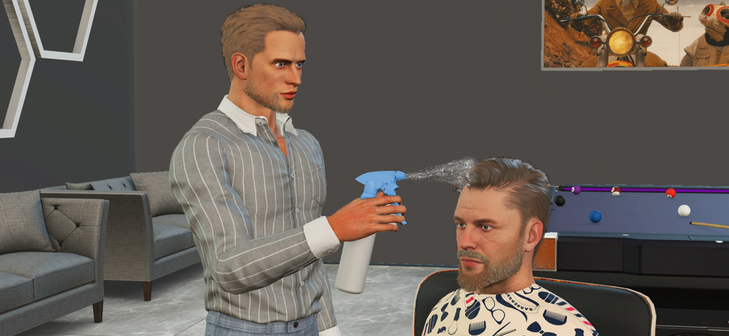 A virtual barber spraying water on a customer's hair in a modern barber shop simulator game.