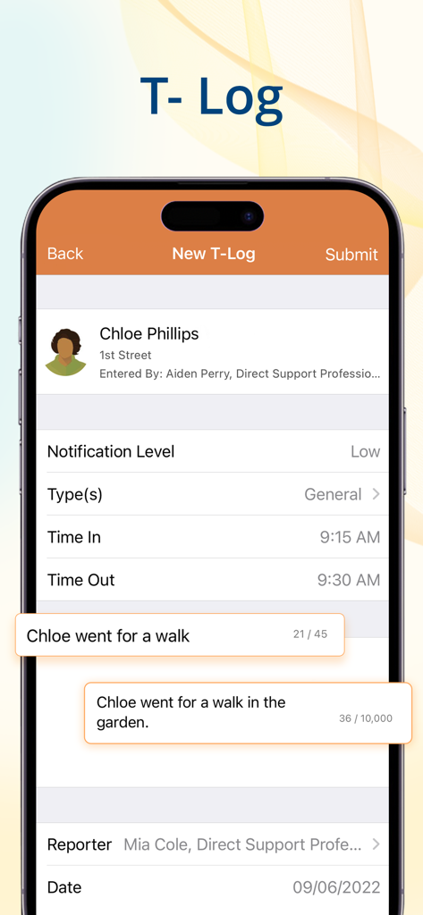 Therap mobile app interface showing a new T-Log entry for documenting caregiver shift notes