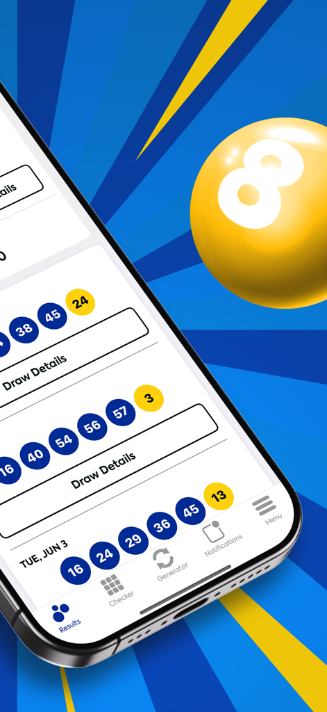 Mega Millions Lottery - Mega Millions Lottery app interface displaying winning numbers and navigation options