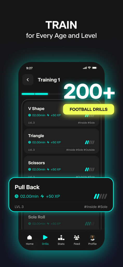 Mobile app interface showing a selection of football drills for home training with levels and duration.