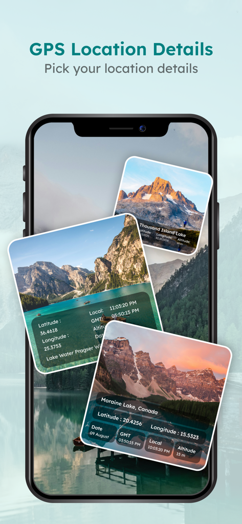 GPS Timestamp Camera - GPS Map - Pantalla de teléfono inteligente que muestra fotos de montañas y lagos con datos GPS superpuestos que incluyen latitud, longitud y altitud