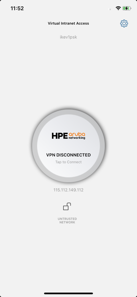 HPE Virtual Intranet Access - HPE Virtual Intranet Access app interface showing VPN disconnected status and untrusted network notification