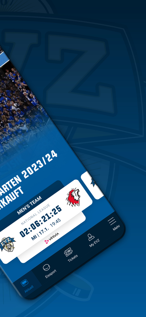 EVZ - EVZ mobile app interface showing a countdown timer for an upcoming National League ice hockey game