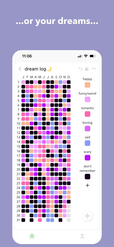 Interface of Pixa app showing a colorful dream log in a year in pixels grid format