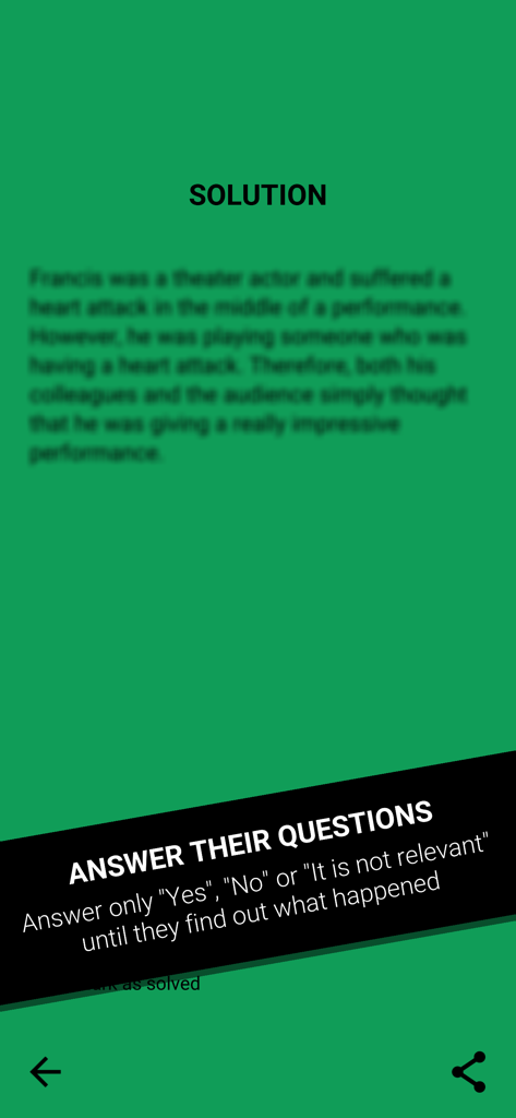 Dark Stories - A green screen from the Dark Stories app displaying a mystery solution and narrator instructions.