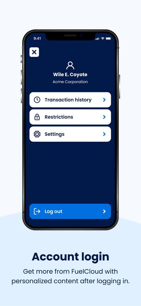 User profile dashboard in the FuelCloud app showing transaction history and restriction settings
