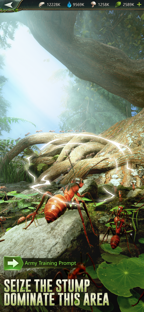 Ant Legion - Captura de tela do jogo mobile Ant Legion mostrando formigas realistas em um ambiente de floresta natural com o texto Seize the Stump Dominate This Area