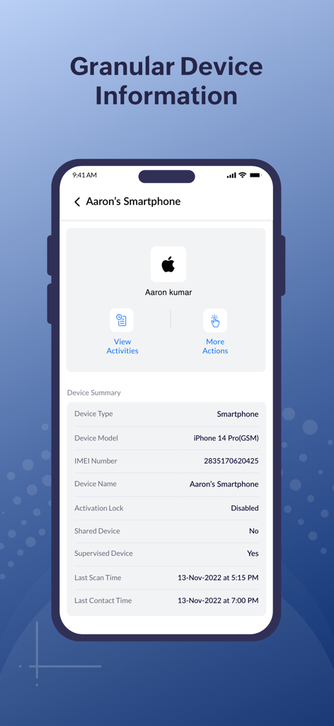 Informazioni dettagliate sul dispositivo e dashboard di riepilogo nell'app Mobile Device Manager Plus