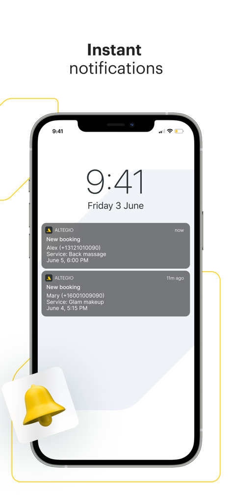 Smartphone-Bildschirm zeigt sofortige Buchungsbenachrichtigungen von der Altegio Business Management App