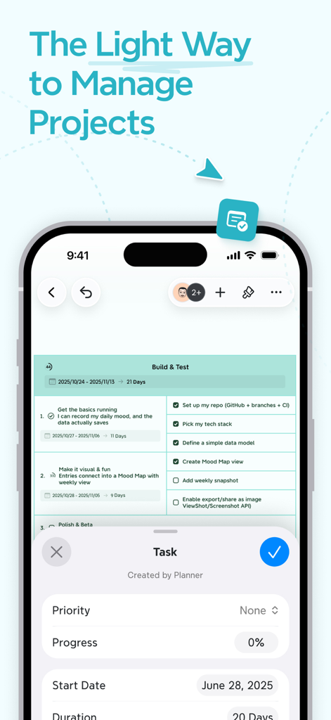 Interfaz de la aplicación Xmind mostrando un plan de proyecto con tareas, seguimiento del progreso y funciones de colaboración en un smartphone.