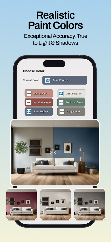Paint AI - Color Visualizer - Mobile App-Oberfläche von Paint AI, die eine realistische Farbmodellierung einer Wohnzimmerwand mit einem Seitenvergleich und Farbfeldern zeigt