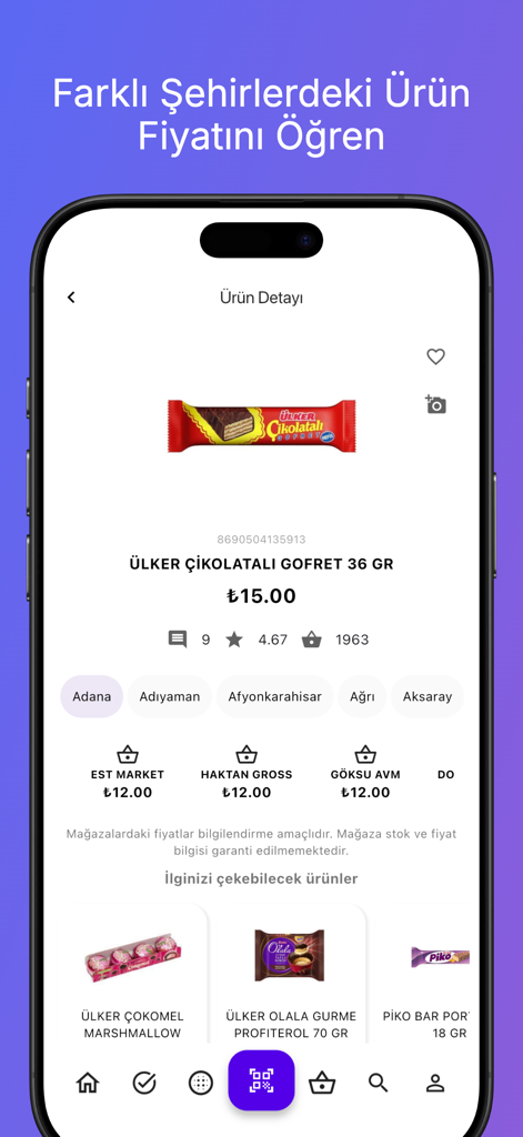 Mobile app interface showing product price comparisons for a chocolate wafer across different local stores and cities