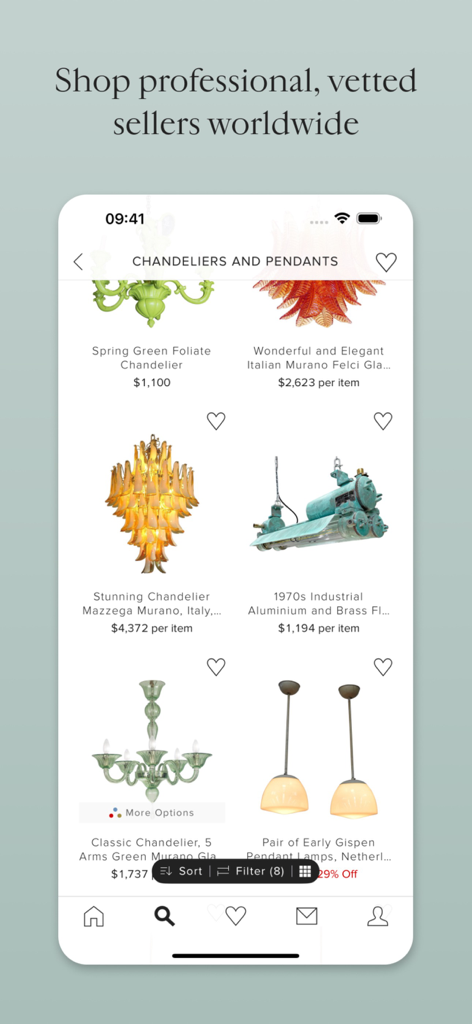 1stDibs: Shop Antique & Modern - プロの販売者による厳選された高級シャンデリアとペンダントライトを特集した、1stDibsアプリのブラウズ画面。