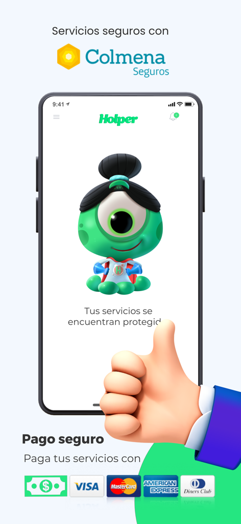 Holper app screen displaying secure payment methods and service protection guarantee by Colmena Seguros.