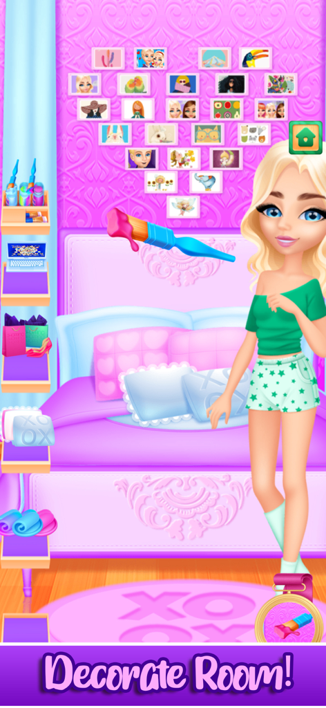 Girls High School Makeup Salon - Une fille debout dans sa chambre rose avec un mur de photos en forme de cœur et des options de décoration de chambre