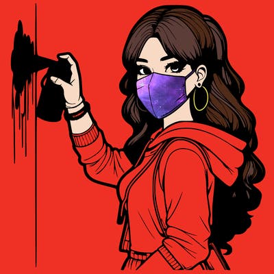 realistic girl with mask spray painting a wall