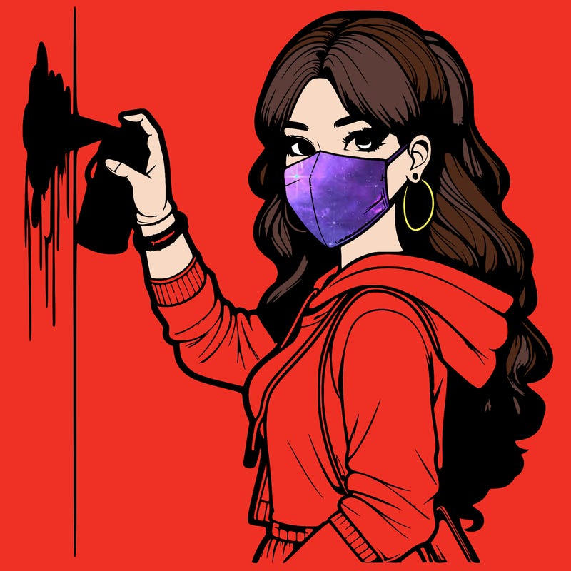 realistic girl with mask spray painting a wall