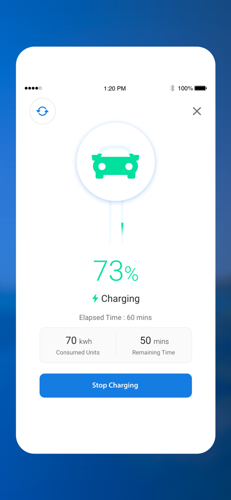 Tata Power EZ Charge - Tata Power EZ Charge App zeigt den Echtzeit-Ladezustand des Elektrofahrzeugs mit Akkuprozentsatz und verbleibender Zeit an.