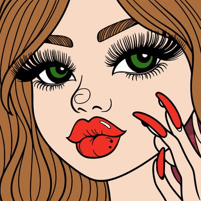 a girl with big lips and long eyelashes and long nails