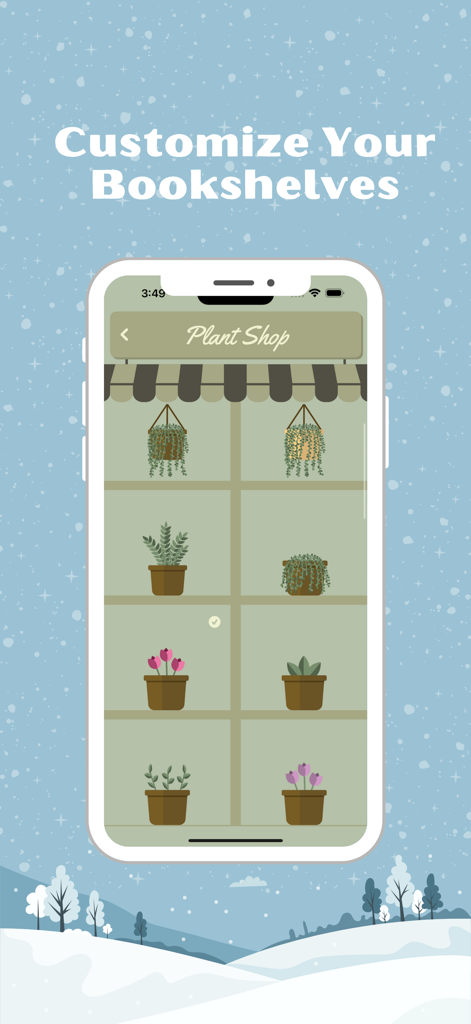 A screenshot of the TBR Bookshelf app showing a variety of plant icons used to customize and decorate digital bookshelves.