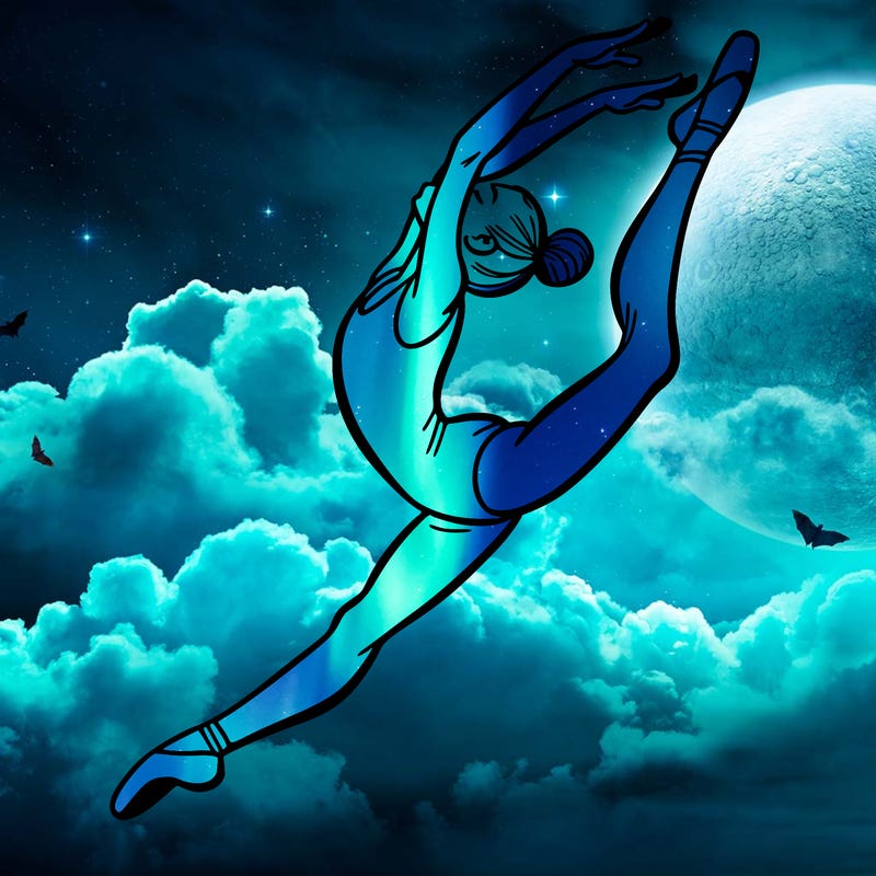 gymnast doing a leap in a leotard with a bent back leg