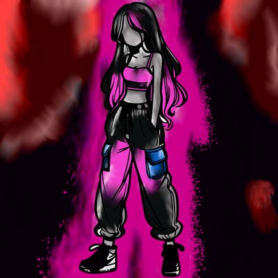 girl in baggy pants crop top and long hair