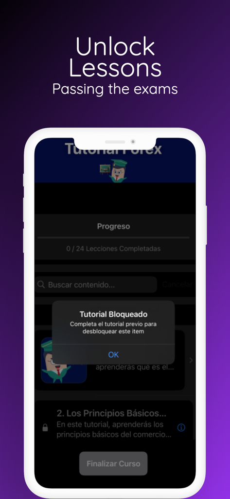 Forex Trading - Tutorial Guide - Interfaz de aplicación móvil que muestra lecciones de trading de Forex bloqueadas y seguimiento del progreso