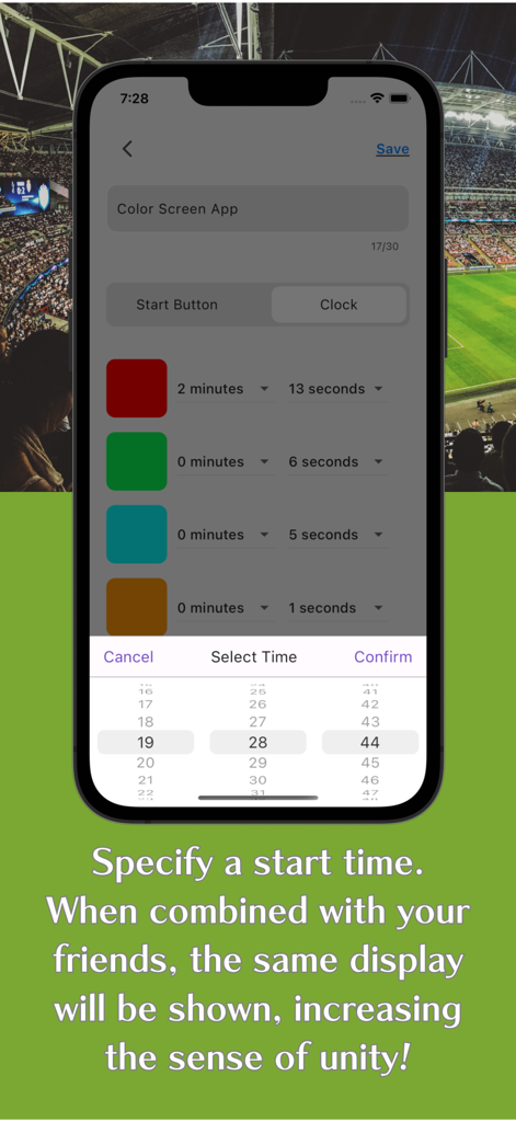Interface do aplicativo Color Screen Pro mostrando a ferramenta de seleção de tempo para sincronizar displays de cores entre múltiplos dispositivos.