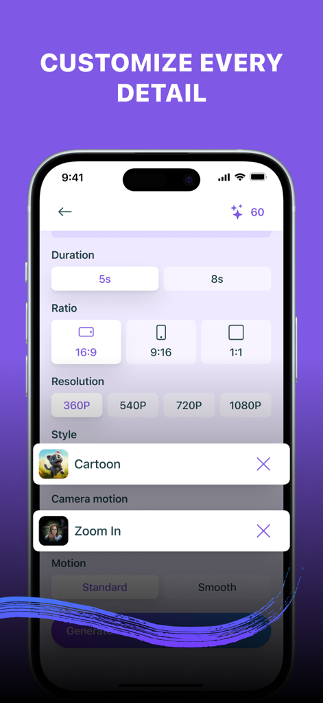 Pictory: AI Video Generator. - Smartphone screen showing Pictory app settings for AI video duration ratio resolution and style