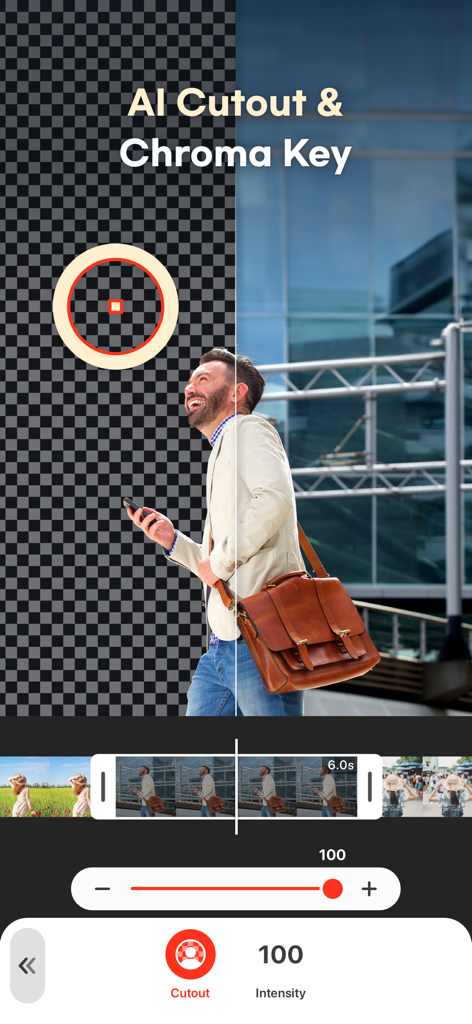 VDIT app interface showing the AI cutout and chroma key background removal feature