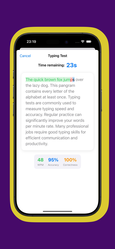 Interfaz de prueba de velocidad de escritura que muestra palabras por minuto y estadísticas de precisión.