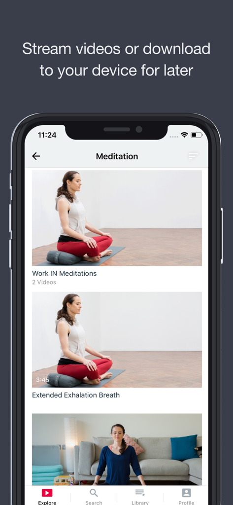 Athletes for Yoga - Interface of the Athletes for Yoga app showing a library of meditation videos for athlete recovery