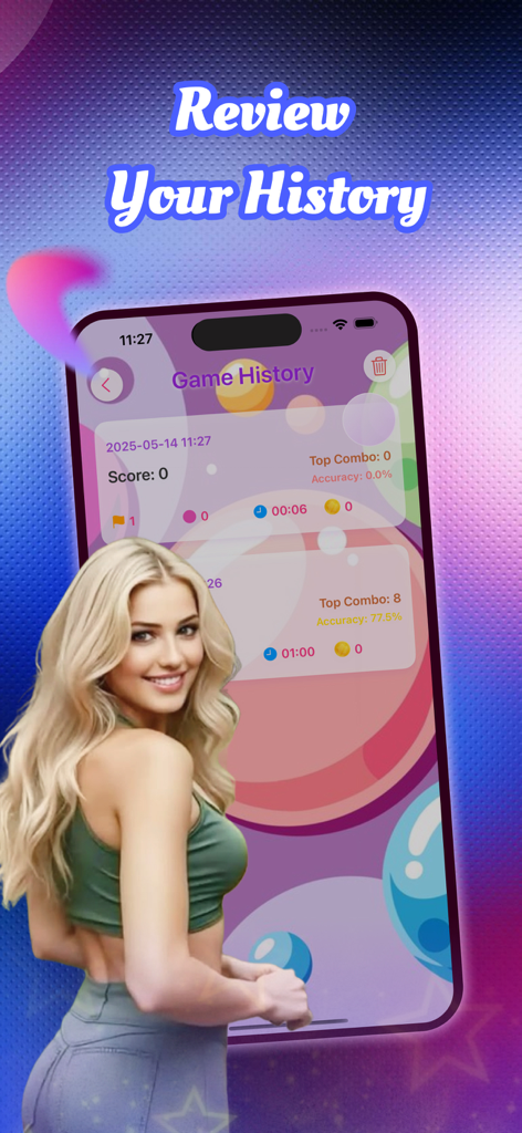 Dazel app game history screen showing score and accuracy stats